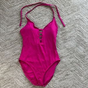Fuchsia La Blanca one piece swimsuit with halter tie neck and strappy back